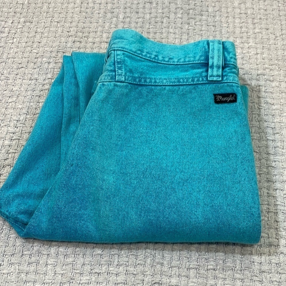 1980's Wrangler Turquoise High Rise Cowgirl Jeans Bare Back Size 11/12 - Picture 11 of 12